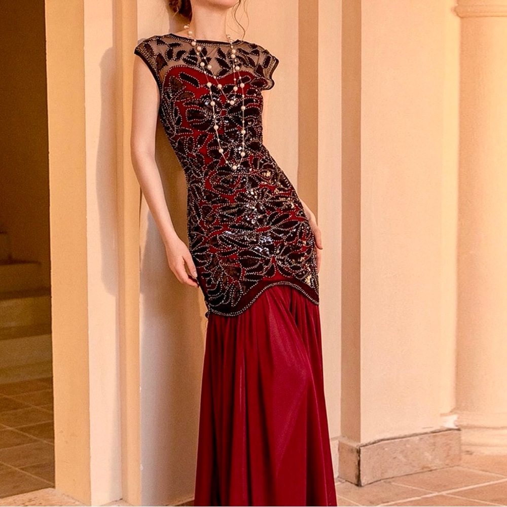 Gatsby 1920s Style Beaded Sequin Maxi Sheer Gown Dress by PrettyGuide Sz XXL. D1 - Picture 4 of 7